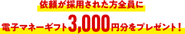 依頼が採用された方全員に電子マネーギフト3,000円分をプレゼント