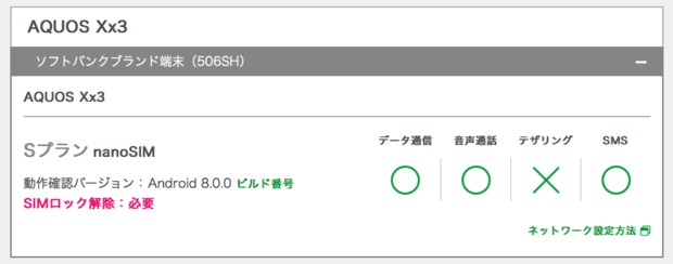 スマートフォン「AQUOS 506SHのsimロック解除後のauのsim利用