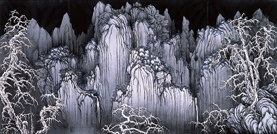 加山又造_「倣北宋水墨山水雪景」　絹本墨画　四曲一隻屏風　1989年.jpg