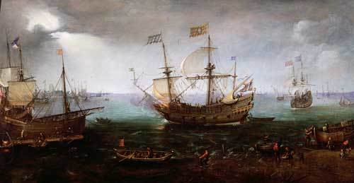 コルネリス・ファン・ウィーリンヘン「港町近くの武装商船と船舶」.jpg
