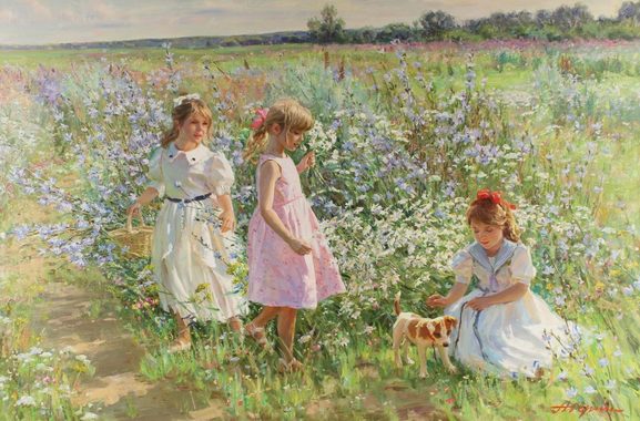 Alexander_Averin_／_Young_Girls_with_a_Puppy__Walking_Through_a_Flower_Meadow.jpg