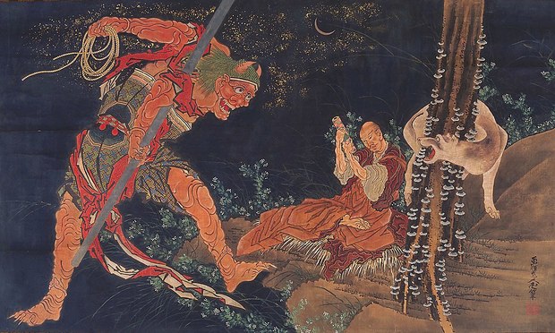Kobo_Daishi_Practicing_the_Tantra__with_Demon_and_Wolf__by_Hokusai.jpg
