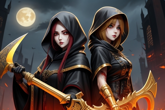 DreamShaper_v7_Female_Grim_Reaper_and_Bloody_Golden_Ax_0.jpg