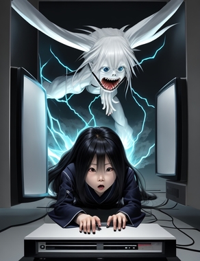 DreamShaper_v7_Electric_Sadako_crawling_out_of_the_TV_0.jpg