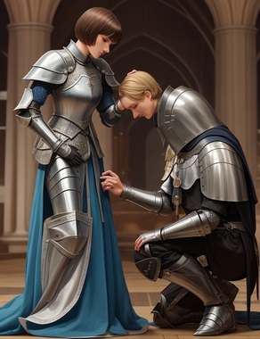 DreamShaper_v7_A_knight_kneels_in_front_of_a_queen_with_a_shor_0.jpg