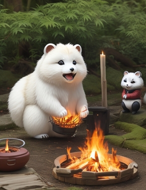 DreamShaper_v7_White_tanuki_making_a_bonfire_1.jpg