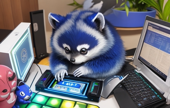 Default_A_blue_Tanuki_plays_a_game_on_a_PC_that_shines_in_7_sh_1.jpg