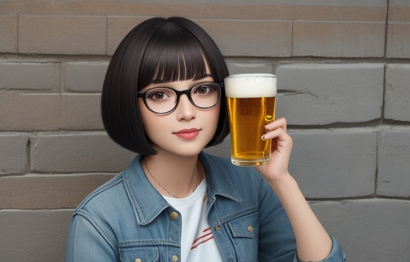 Default_A_woman_with_a_bob_cut_and_glasses_drinking_beer_0.jpg