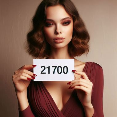 A_woman_in_a_maroon_dress_holding_a_paper_with_the_number_21700_written_on_it.png