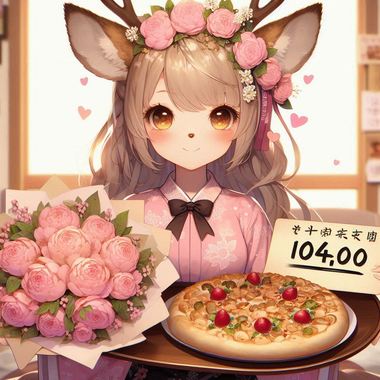 A_deer_girl_holding_a_pink_bouquet_in_front_of_a_plate_with_10400_written_on_it.png