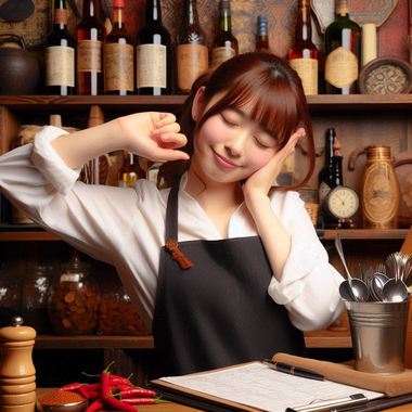 眠くて辛いけど居酒屋で働く女性.png