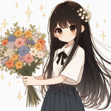 少女がストレートで黒い髪の花束を贈っているイラスト.png