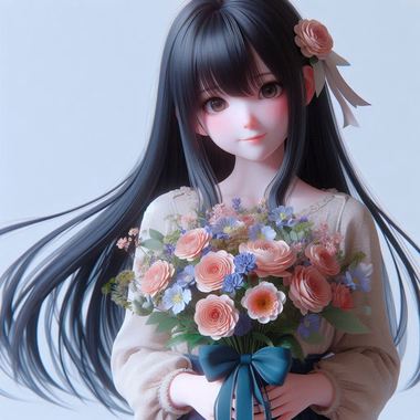 3D_image_of_a_young_girl_with_straight_black_hair_presenting_a_bouquet_of_flowers.png