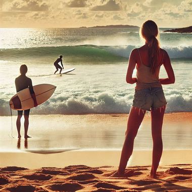 A_woman_on_the_beach_watching_a_surfer_in_the_distance.png