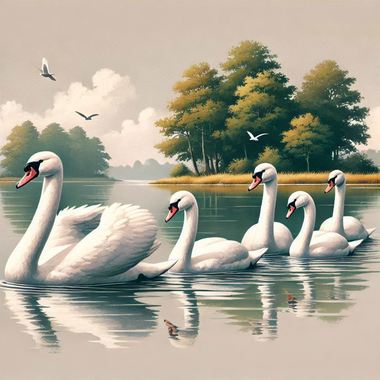 白鳥が湖で左を向いて5羽並んで泳いでる絵.png