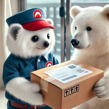 A_white_tanuki_delivery_person_handing_over_a_package_to_a_white_bear_cub__both_with_white_fur.png