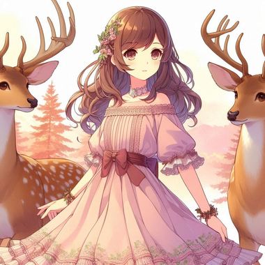 左向きで顔だけ正面を見たワンピースを着た鹿娘、両脇に鹿一頭ずつ.png