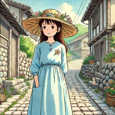宮崎駿によるイラストで、若い女の子が石畳の小道に立ち、淡い青の長袖ドレスを着て、小さな花があしらわれた広い縁の麦わら帽子をかぶっている、という理想的な田舎の風景.png