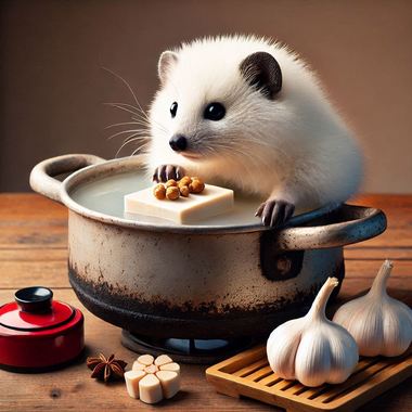A_white_tanuki_using_a_pot_as_a_bathtub_with_garlic_and_tofu_floating_in_it.png