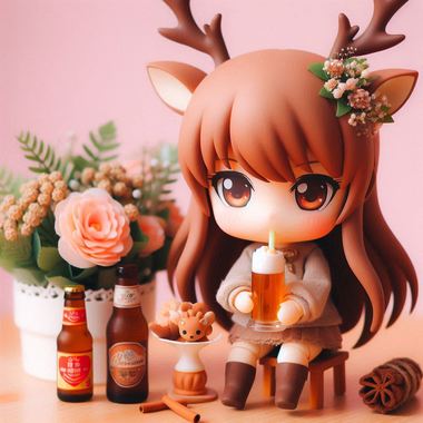 A_deer_girl_enjoying_ginger_ale__with_a_bouquet__in_Nendoroid_style.png