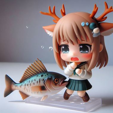 鯛に噛みつかれて痛がっている鹿娘、ネンドロイド.png