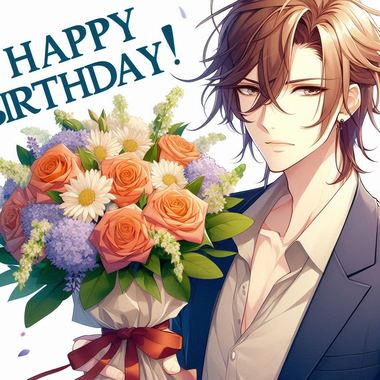 イケメンが花束を持ってHappy_Birthdayと言っているアニメ風の絵.png