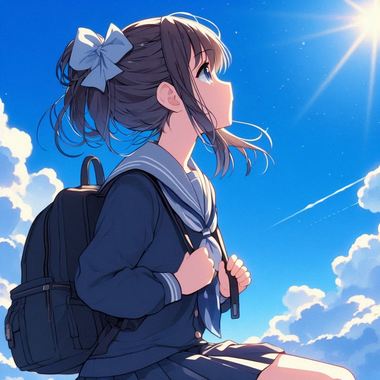 アニメ風のイラストで、晴れた青空の遠景に少女が空を見上げる様子.png