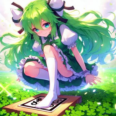 緑色の髪の少女が四葉のクローバー畑で18100と書かれた板を踏んでいるアニメ風の画像.png