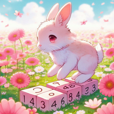 A_pink_rabbit_stepping_on_a_board_with_numbers_in_a_flower_field__anime_style.png