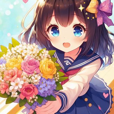 アニメ風の少女がおめでとうと言いながら花束をさしだしているイラスト.png