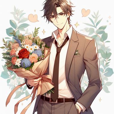 アニメ風のイケメンがおめでとうと言いながら花束を差し出すイラスト.png