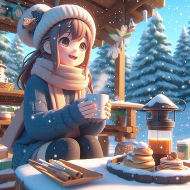 女の子が雪が降る中でコーヒーを飲んでいるイラスト、3D風.png