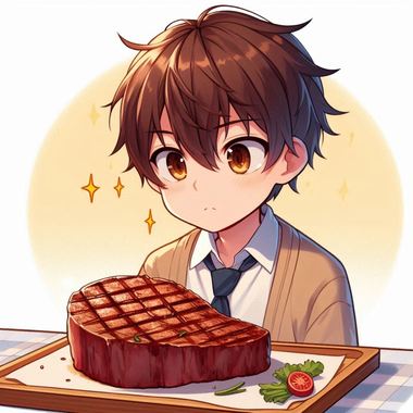 アニメ風の少年がステーキを見ているイラスト.png
