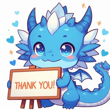 青いドラゴンが「Thank_You」と書かれたボードを持っているアニメ風のイラスト。ドラゴンはかわいく、愛らしいデザインで。.png