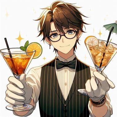アニメ風の男性バーテンダーがカクテルをシェイクしている画像.png
