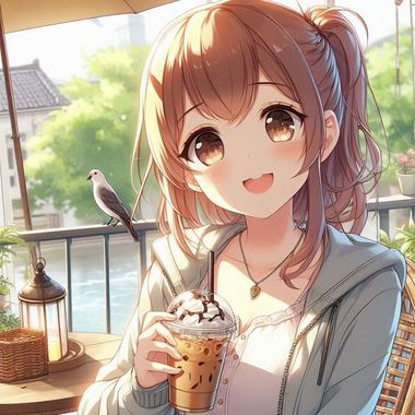 女の子が朝のテラスでアイスコーヒーを飲んでいるアニメ風のイラスト、楽しそうな表情.png