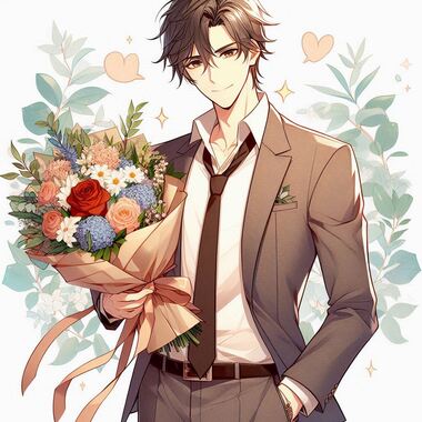 アニメ風のイケメンがおめでとうと言いながら花束を差し出すイラスト.png