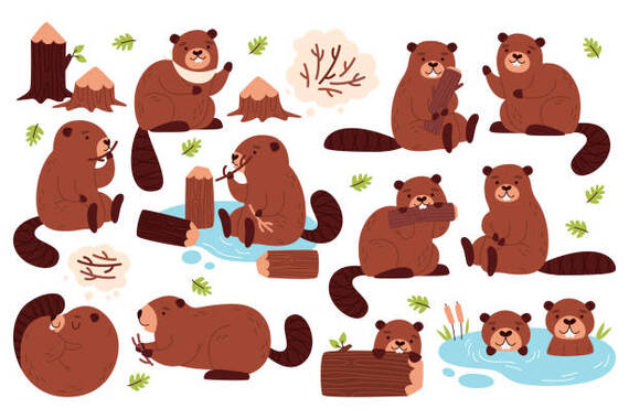 かわいい幸せな茶色のビーバー野生動物の漫画のキャラクターのさまざまなレジャー活動隔離セット.jpg