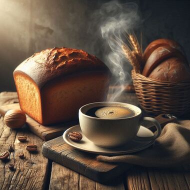 暖かそうなコーヒーとパンの画像.png