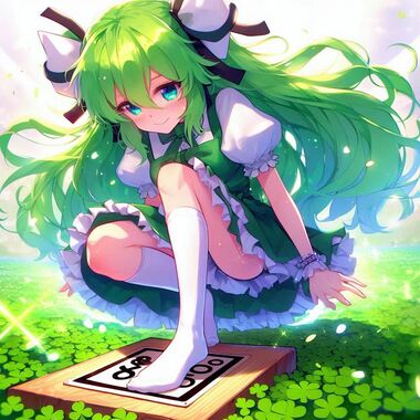 緑色の髪の少女が四葉のクローバー畑で18100と書かれた板を踏んでいるアニメ風の画像.png