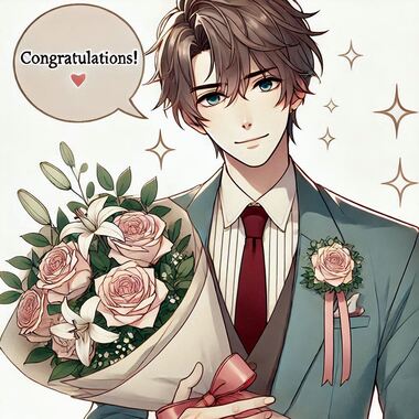 イケメンが花束を持っておめでとうと言っているアニメ風の画像.png