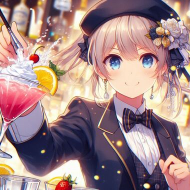 アニメ風のバーテンダーがカクテルをシェイクしている画像.png