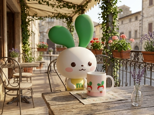 キャラクターが写真のマグカップを手にしてカフェのオープンテラスにいる。_202604101553.jpeg