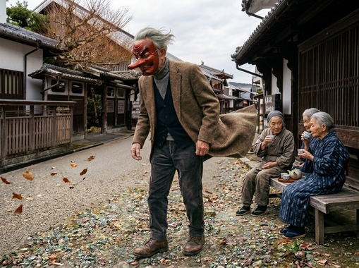 お面の男性の背景をこの古い町並みに変えて。また、画面奥の方で古民家の前でシワシワのお婆さん3人が木の長椅子に座ってお茶飲んでるのを追加して。_202604150926.jpeg