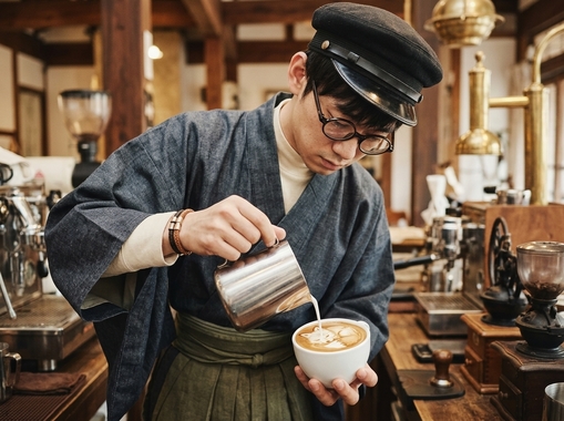 この男性がラテアートしている。男性の写真の画質キープで。_202604152046.jpeg