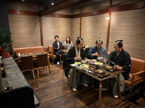 この店内のどこかのテーブルに、この料理を並べてください。野武士風の男性達が、それを食べている。他の客はチラチラ見ている。_202604160016.jpeg