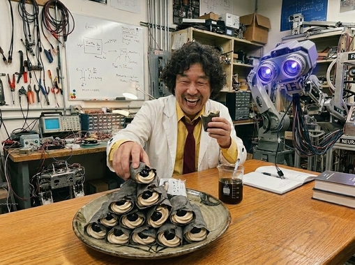 吊り下がってる首からコード出ているロボットの目が光り、うらやましそうに博士を見ている_202604172022.jpeg