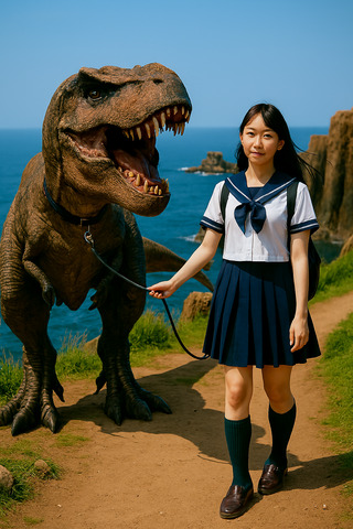 ティラノザウルスを散歩させる夏の制服を着.png