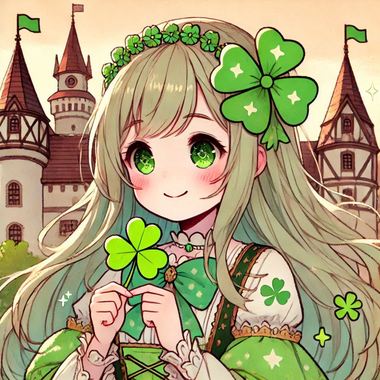 可愛い女の子、四葉のクローバーを持っている、背景は西洋のお城、日本の少女マンガ風のイラスト、女の子の髪の毛は薄い緑で表現.jpg