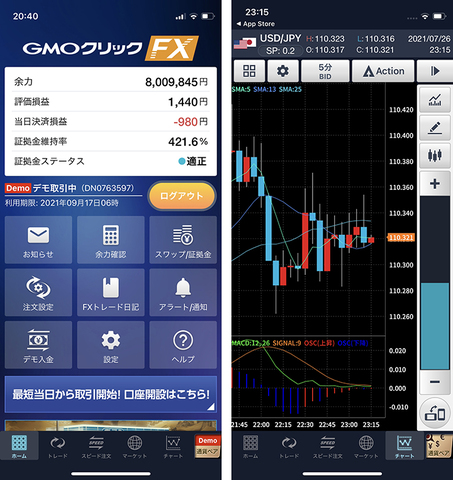 ▲GMOクリック証券のアプリ「GMOクリックFXneo」。お試しで売買の操作ができる「デモ取引」や、チャートを見ながら注文できる機能がある